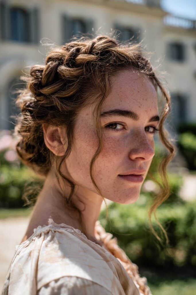 woman with braided crown hairstyle, romantic updo