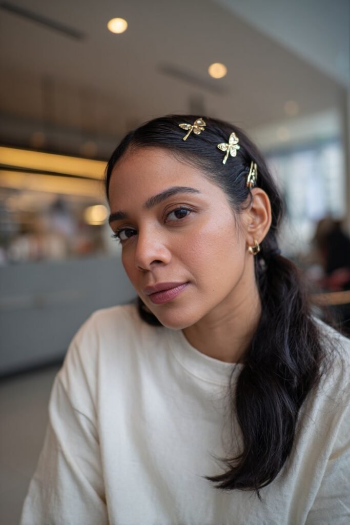 woman with sleek low ponytail and butterfly clips along side part