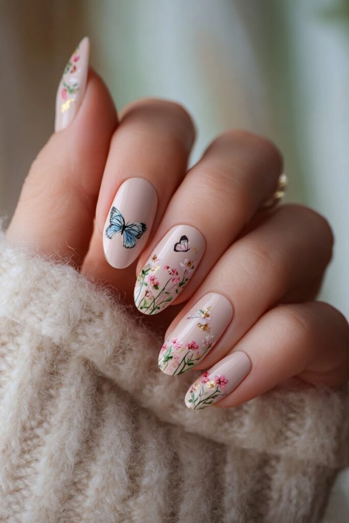 Pastel nails with butterfly designs and meadow flowers.
