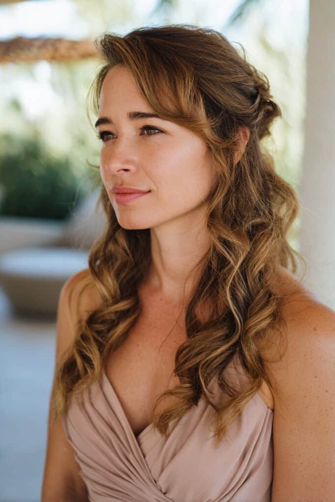 bridesmaid with cascading waves half up hairstyle