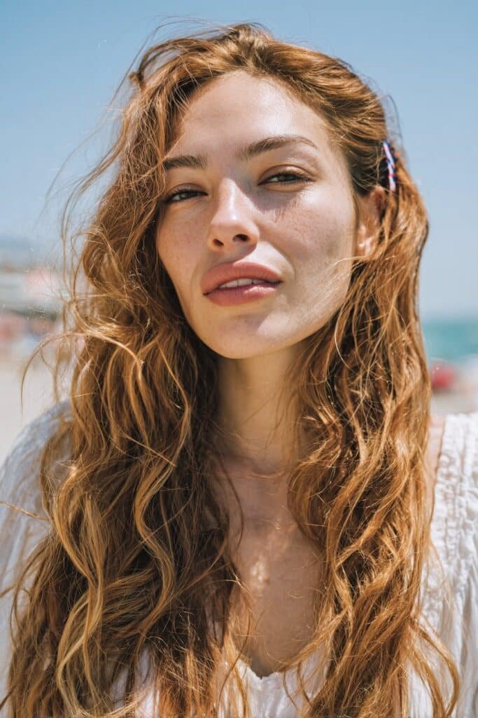 woman with beach waves and red white blue ribbon accents