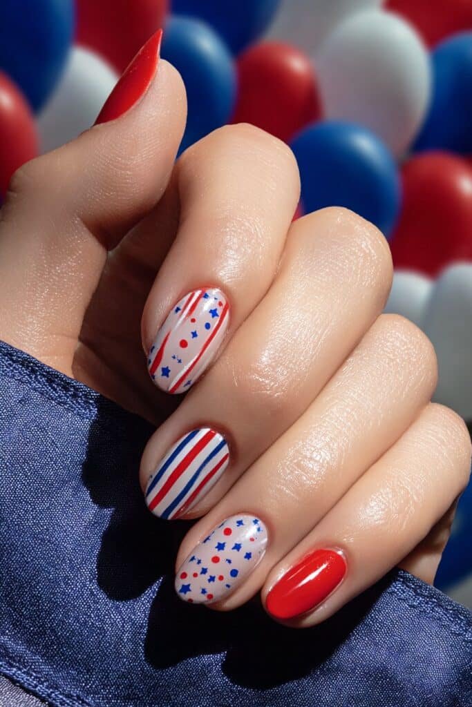 Patriotic nails with classic red, white, and blue stars and stripes.