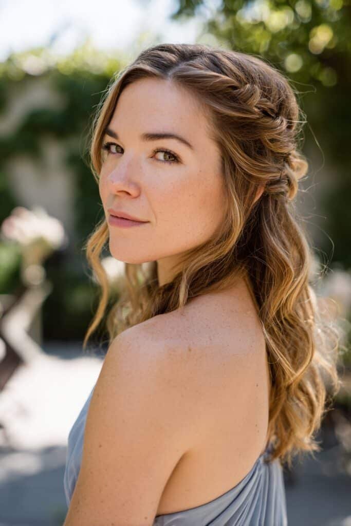bridesmaid with classic twisted half up hairstyle