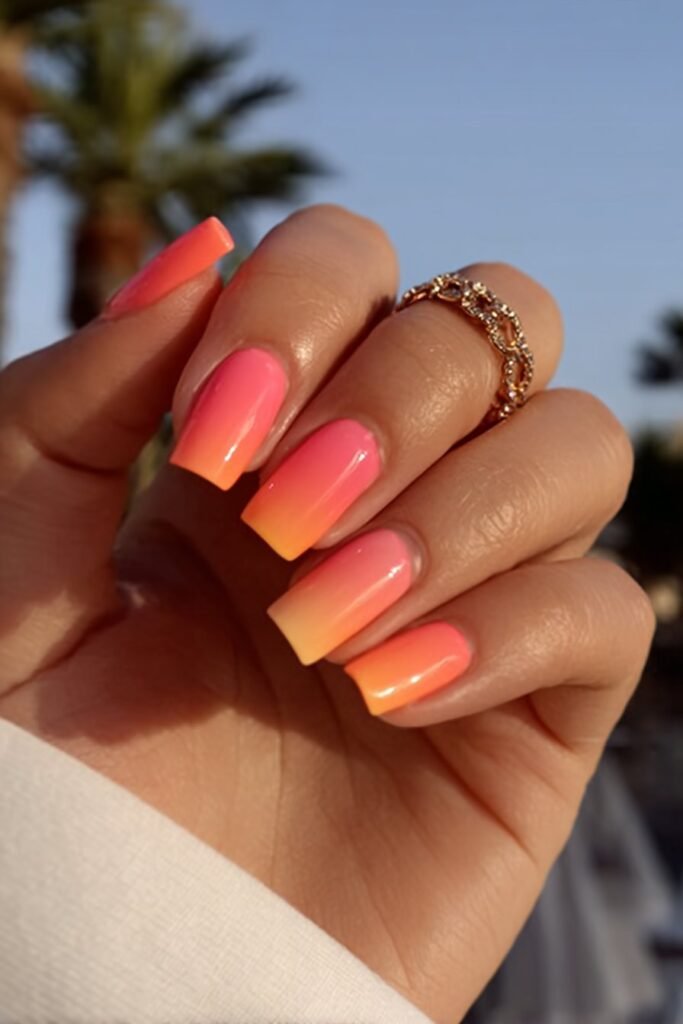 Coral ombre square nails with peach and orange sunset tones.