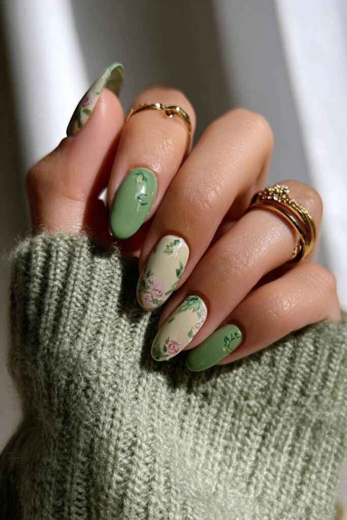 Cream and sage Taurus nails with soft cottagecore floral details.