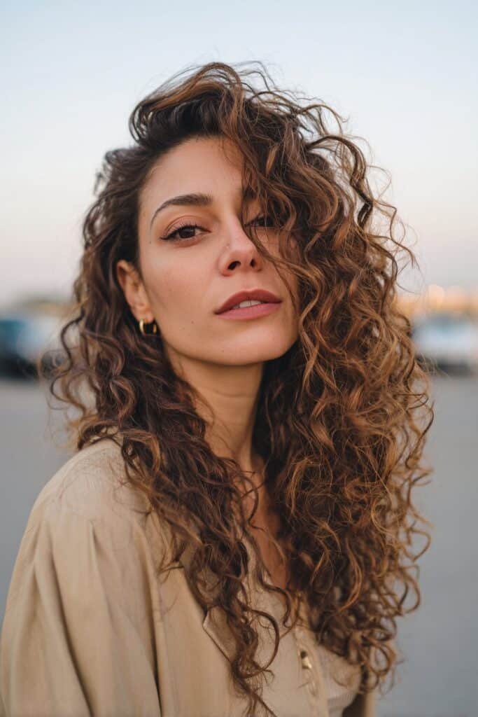 woman with side-swept curly hairstyle, voluminous curls