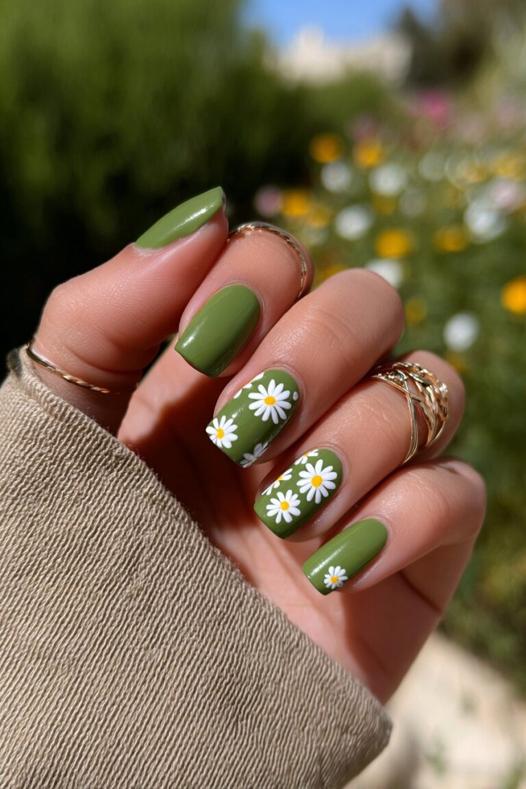 Garden square nails with delicate white daisy flower designs.