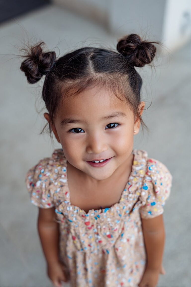 flower girl with double bun hairstyle look