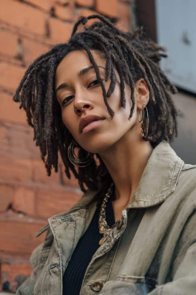 woman with 90s dreadlocks street hairstyle