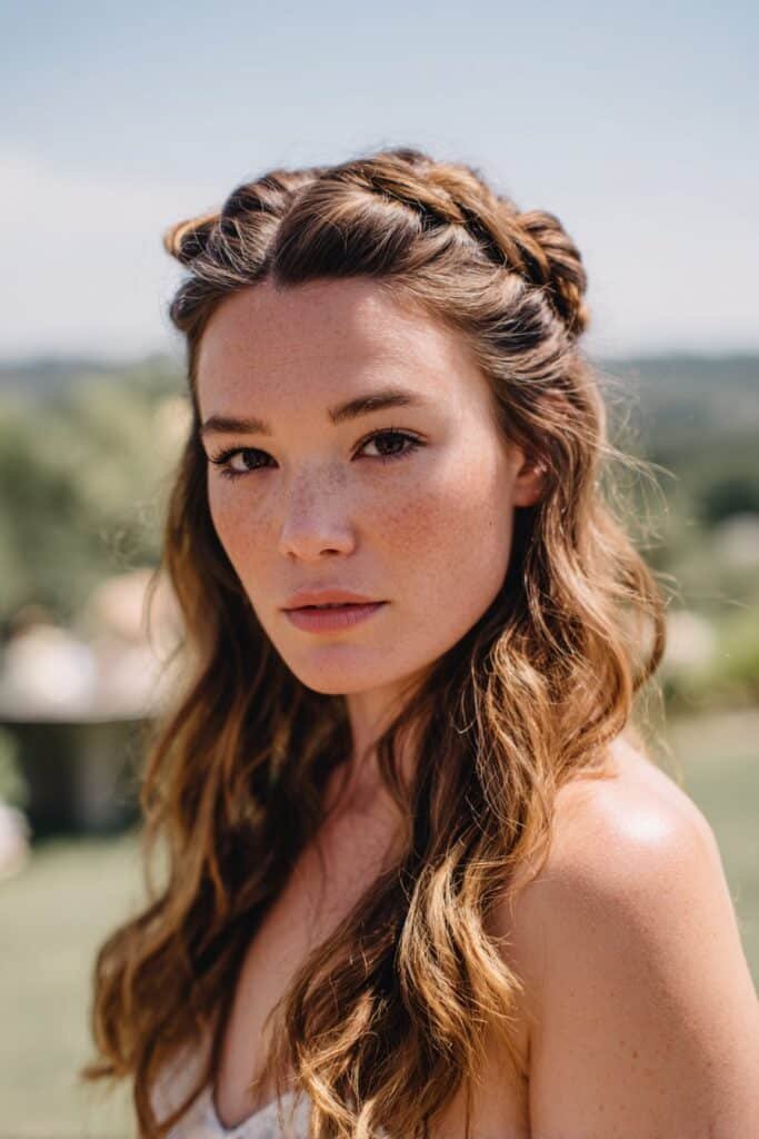 bridesmaid with Dutch braid half up hairstyle