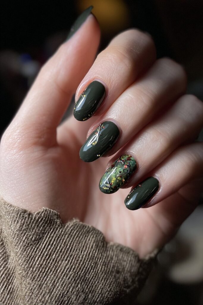 Dark green nails with mystical forest-inspired details.