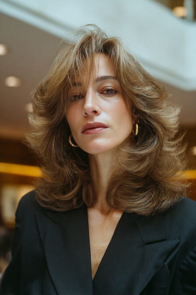 woman with feathered layered 80s haircut