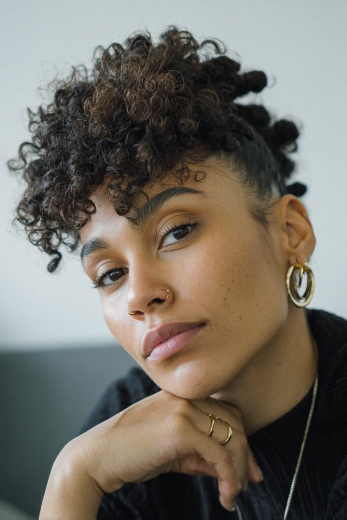 woman with finger coils hairstyle, small defined curls