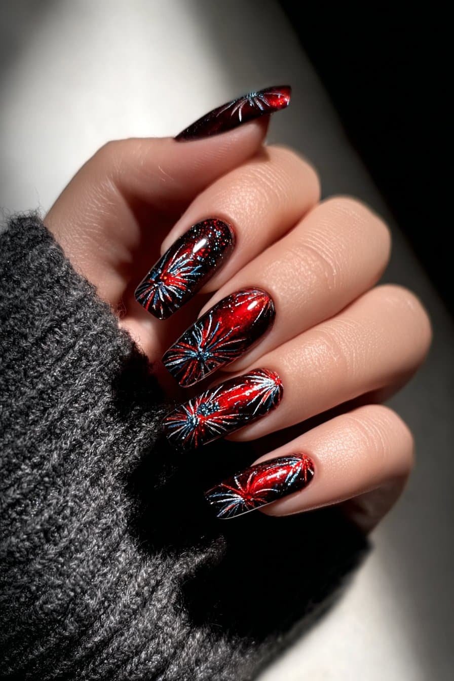 Patriotic nails with glitter fireworks burst designs.