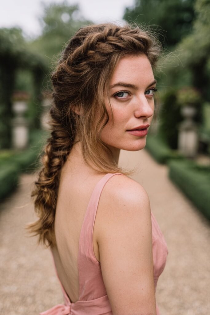 bridesmaid with fishtail braid half up hairstyle