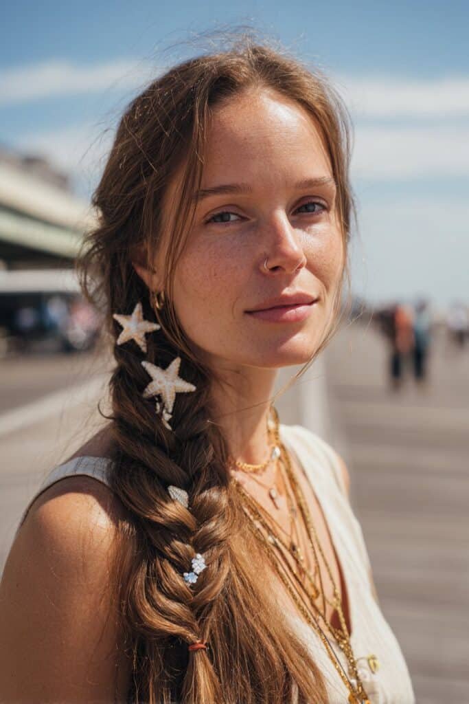 woman with fishtail braid and patriotic star clip accents