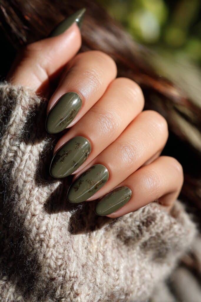 Forest moss green Taurus nails with botanical leaf textures.
