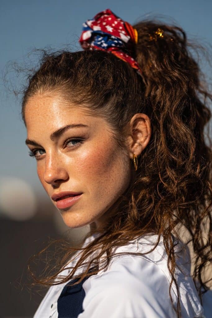 woman with high ponytail and patriotic ribbon hairstyle