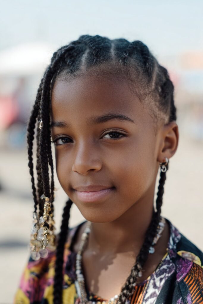 girl with fulani braids hairstyle, beaded center-part braids