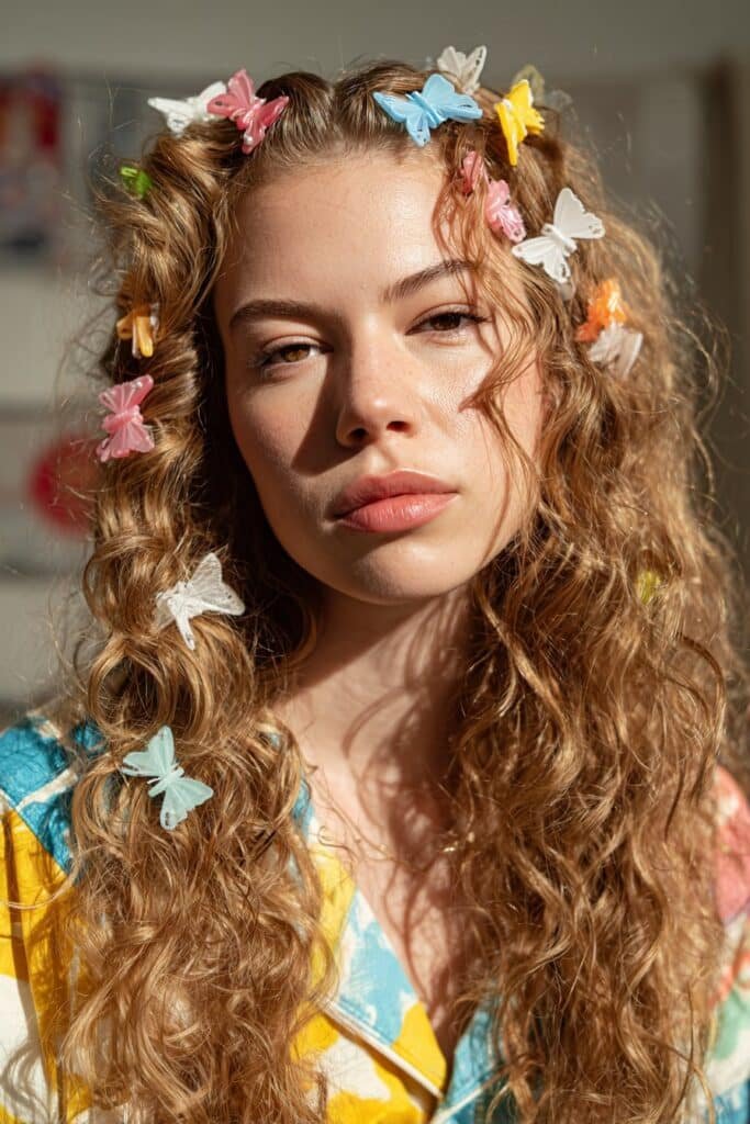woman with long curly hair covered in colorful butterfly clips