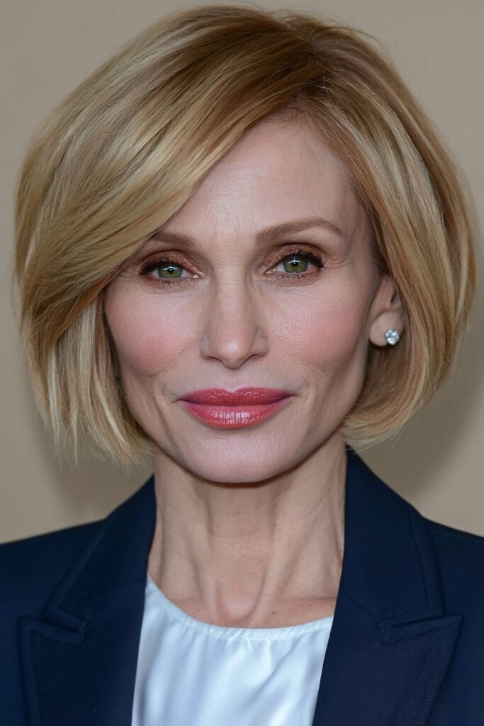 Woman over 60 with a graduated bob and golden blonde internal layers.