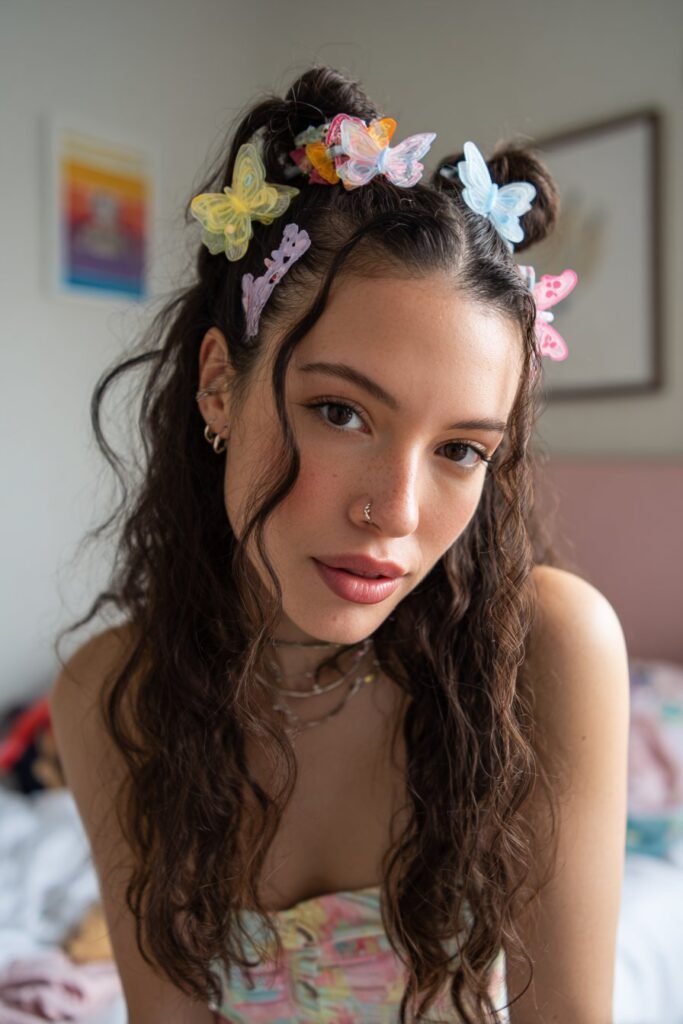 woman with half-up half-down butterfly clips hairstyle and soft glossy waves