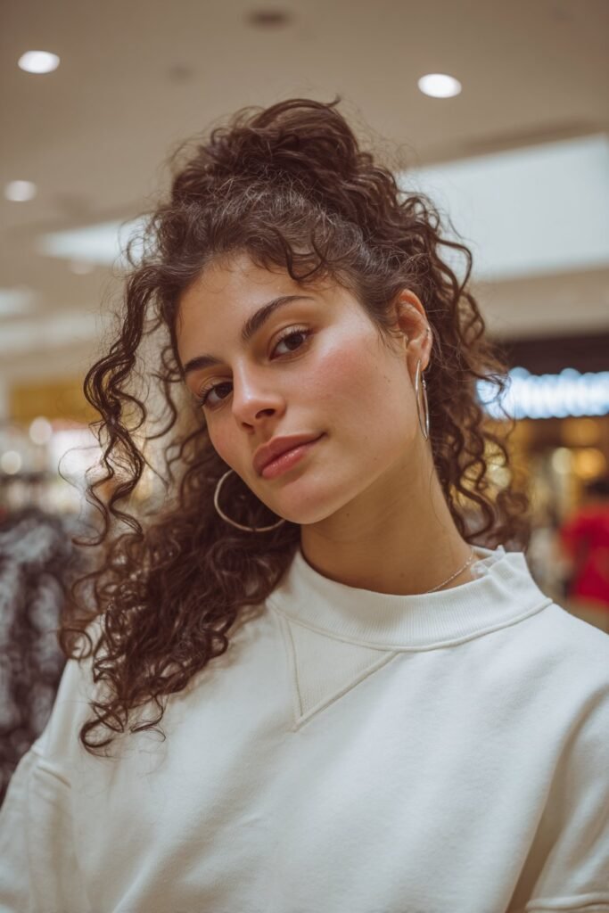 woman with half up curly hairstyle