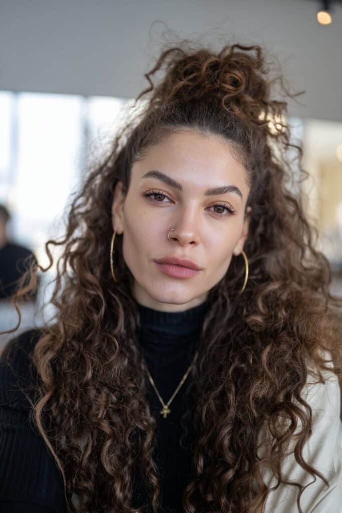woman with half-up half-down curly hairstyle, bouncy curls