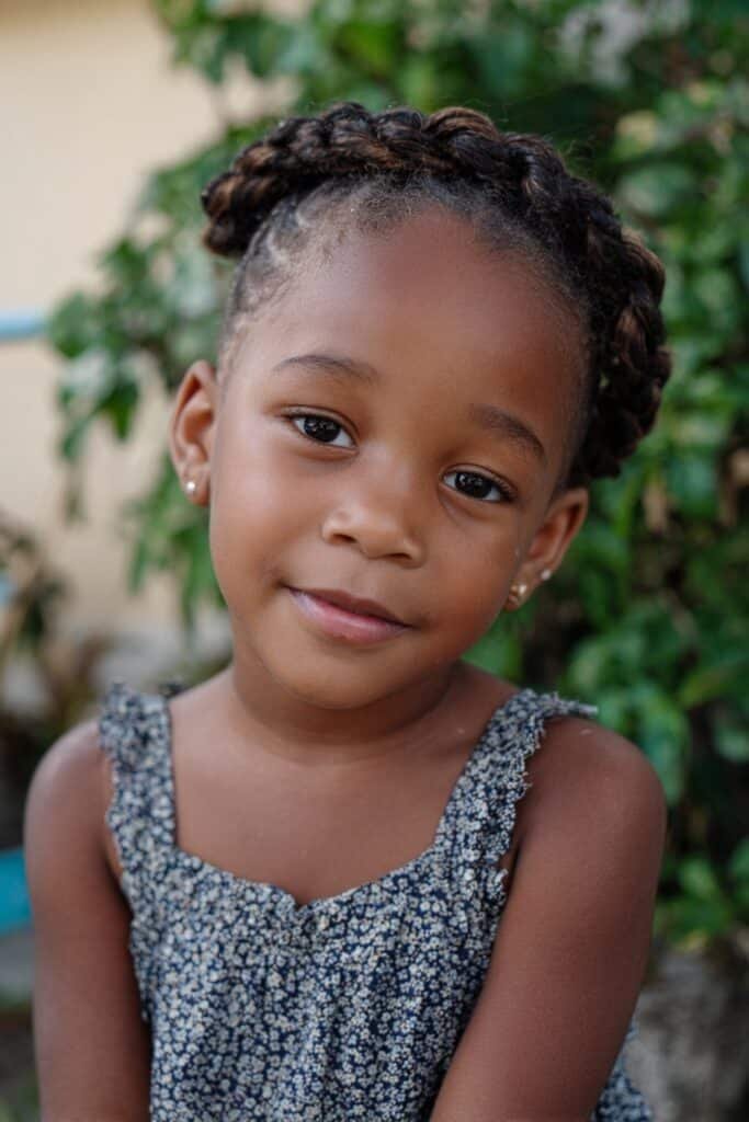 girl with halo braid hairstyle, crown braid look