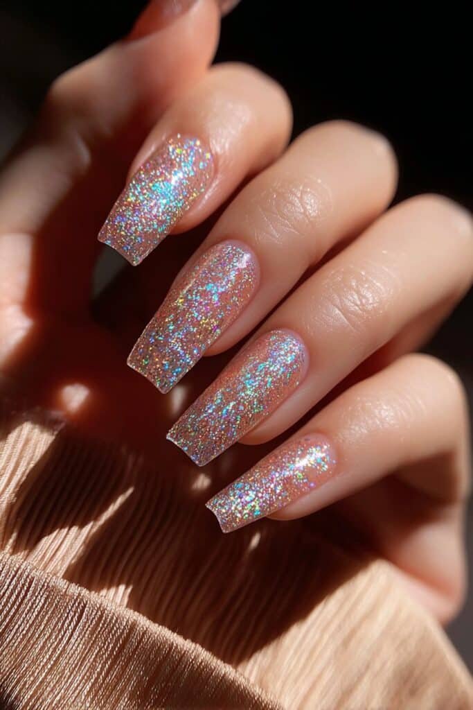 Holographic glitter square nails with rainbow shimmer effect.