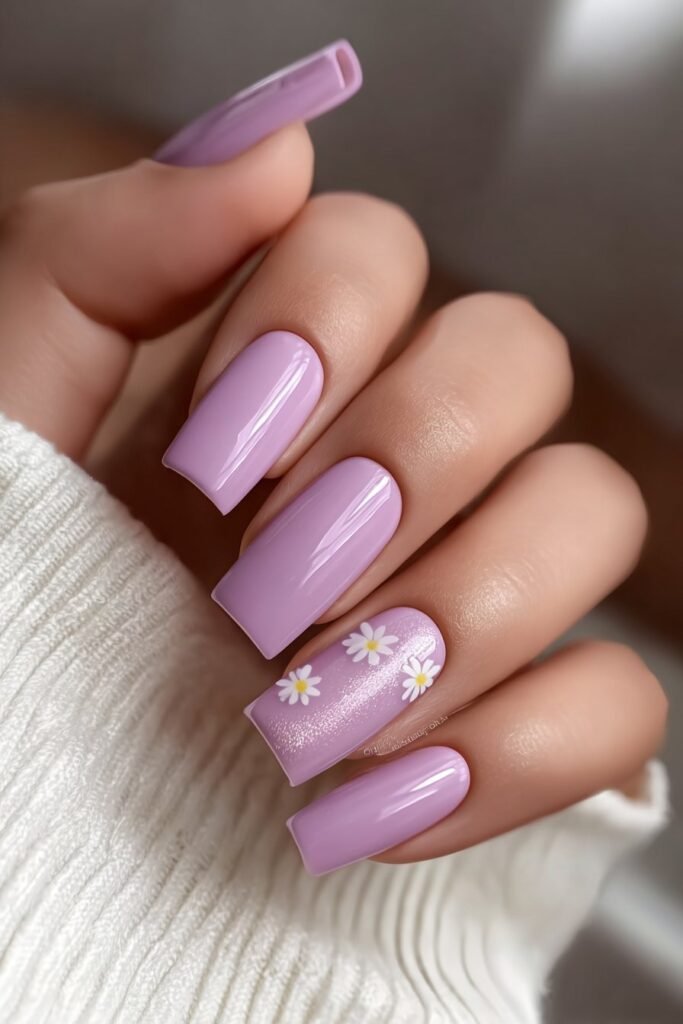 Pastel lavender square nails with soft shimmer accents.