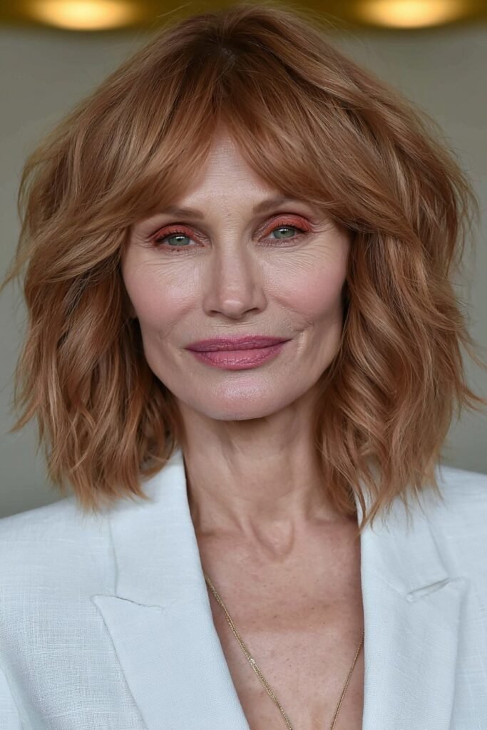 Older woman with a layered lob and beachy strawberry blonde waves.