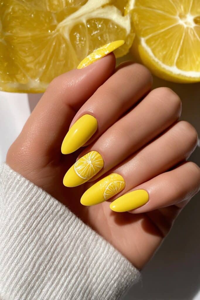 Bright lemon yellow nails with citrus slice details.