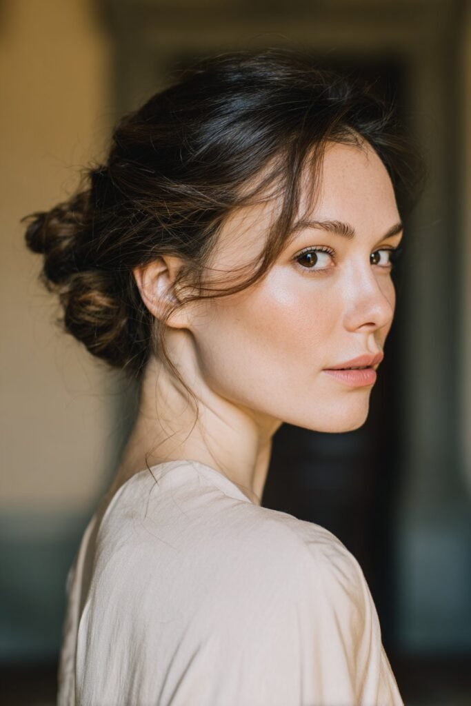 woman with low chignon hairstyle, soft face-framing strands