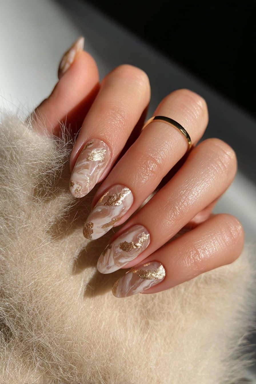 Creamy marble Taurus nails with gold foil accents.