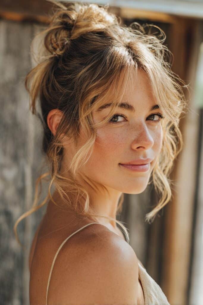 bridesmaid with messy bun half up hairstyle