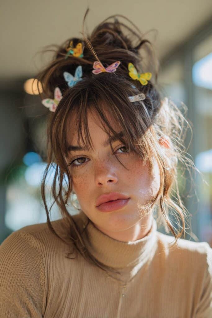 woman with messy bun and colorful butterfly clip accents