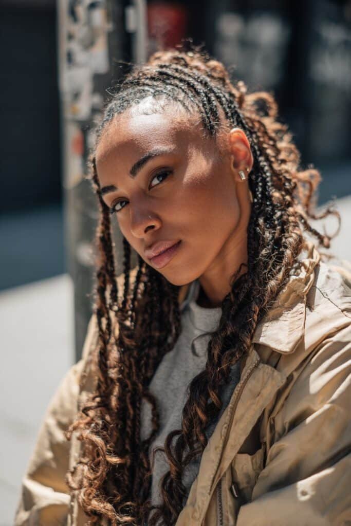 woman with long micro braids hairstyle