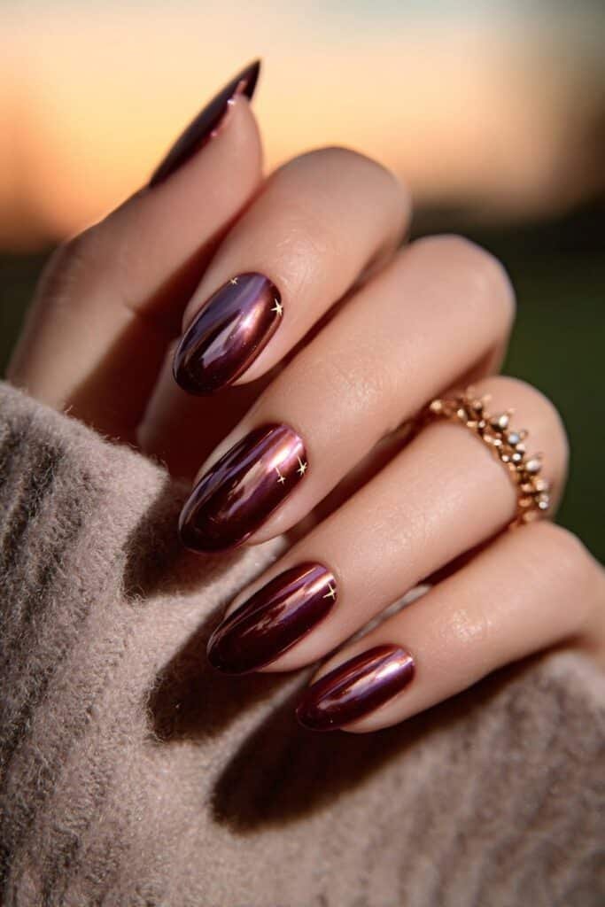Moody plum Taurus nails with glossy finish and gold star accents.