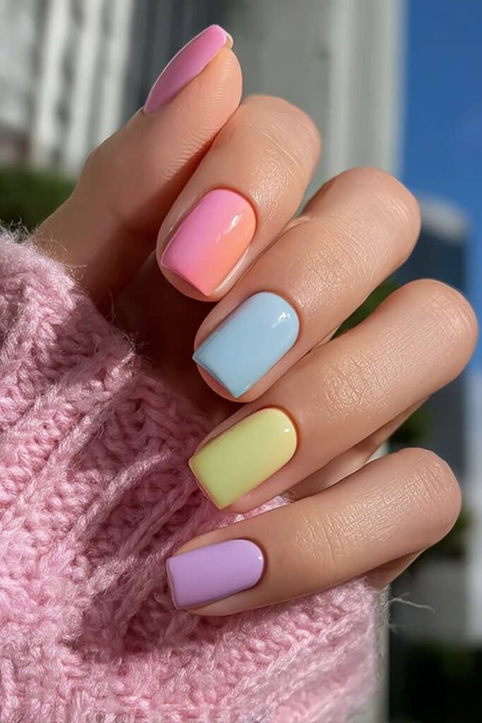 Pastel rainbow square nails in soft dreamy summer shades.