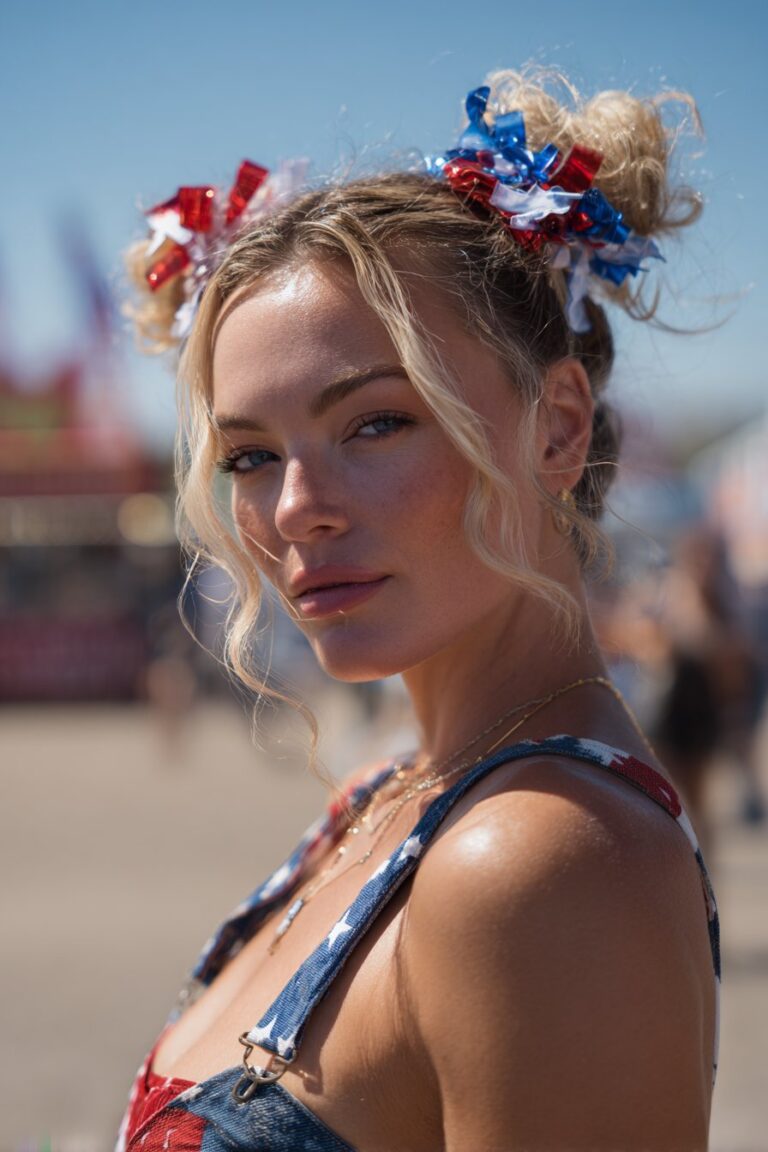 girl with patriotic space buns and star hair clips