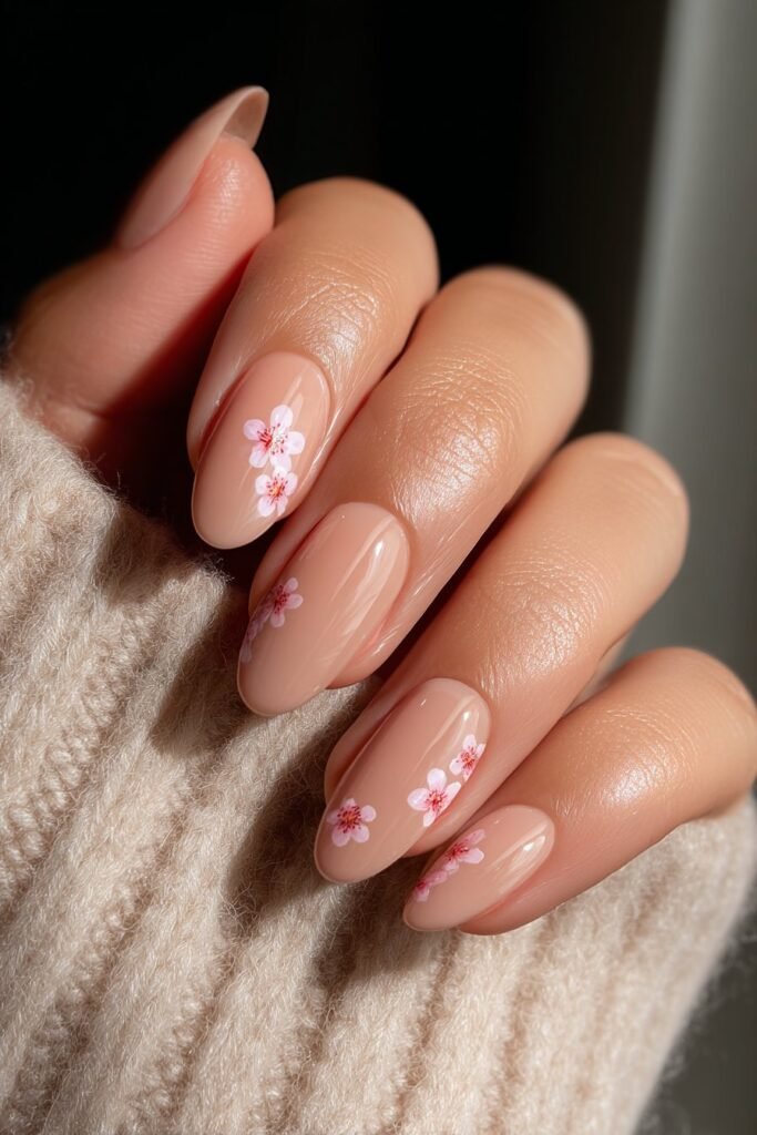 Soft peach nails with delicate blossom flower accents.