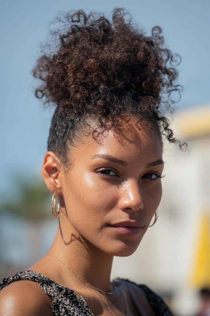 woman with pineapple updo, high curly hairstyle