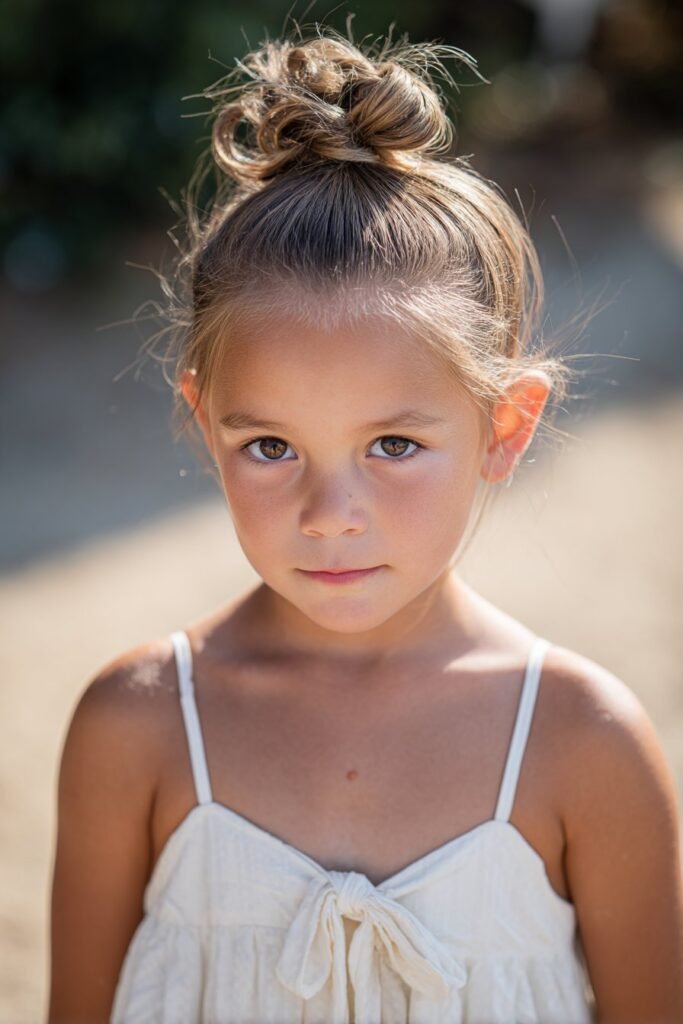 flower girl with princess twisted bun hairstyle