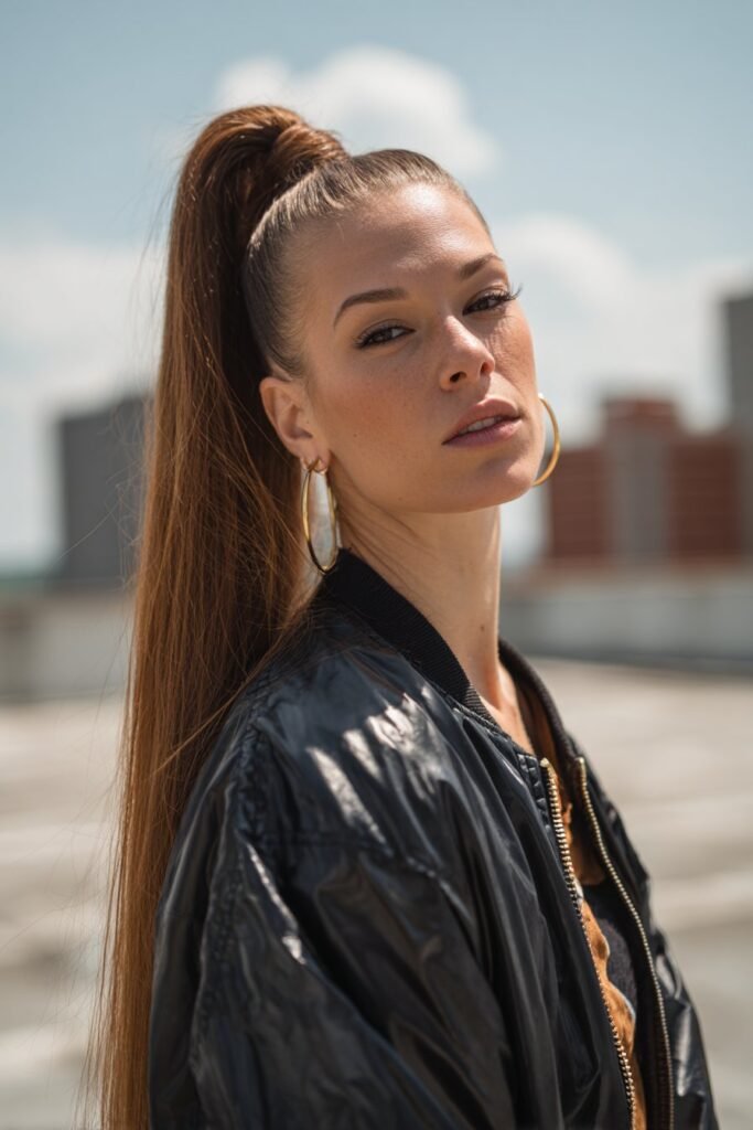 woman with slick back ponytail hairstyle