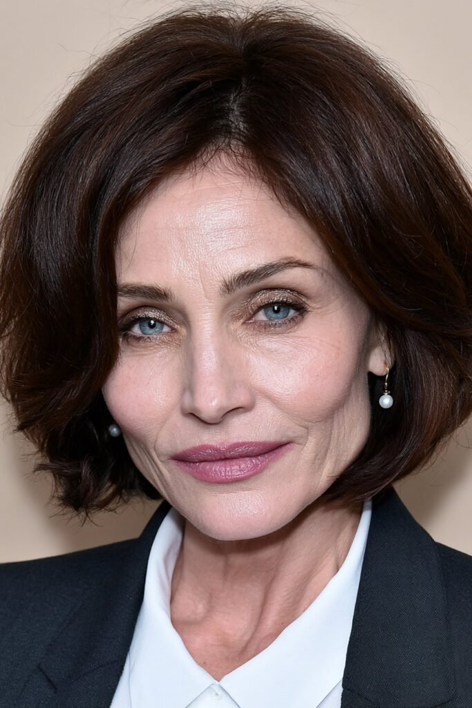 Elegant older woman with a soft bob and face-framing chocolate brown layers.
