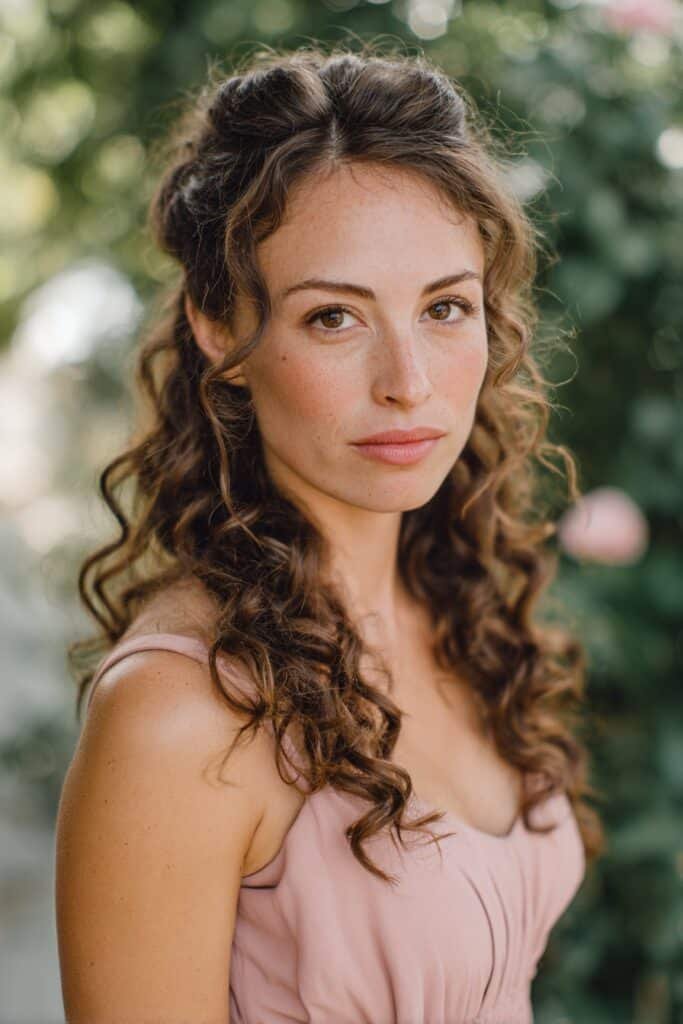 bridesmaid with soft romantic curls half up hairstyle