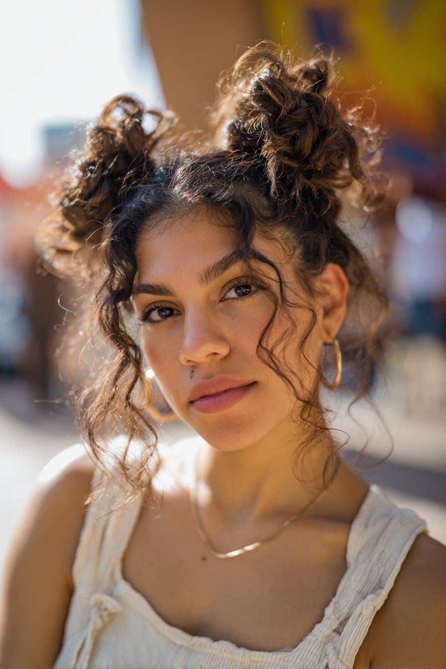 woman with playful space buns hairstyle