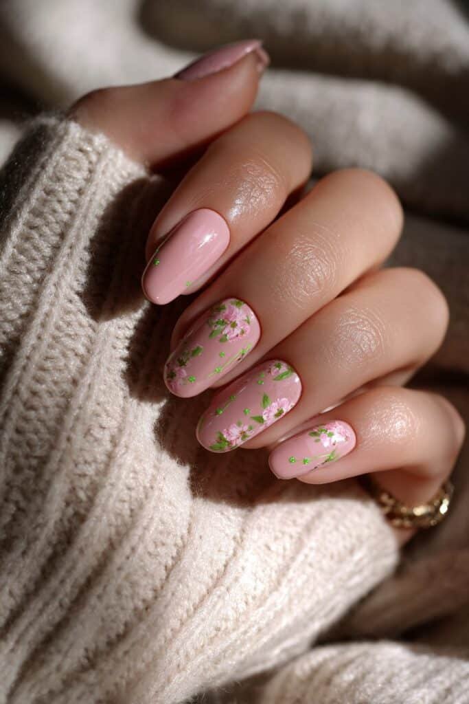 Pink blossom Taurus nails with pastel green accents.