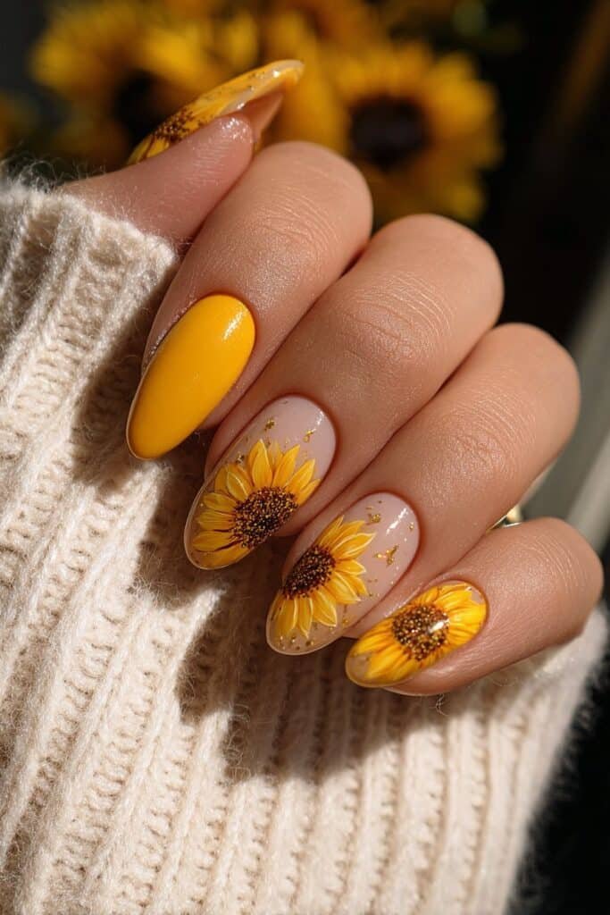Sunflower nails with bright yellow floral designs and golden accents.